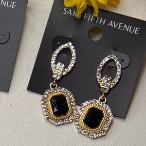 Saks Fifth Avenue Black Crystal Drop Earrings with Gold Accents 1.75 inch